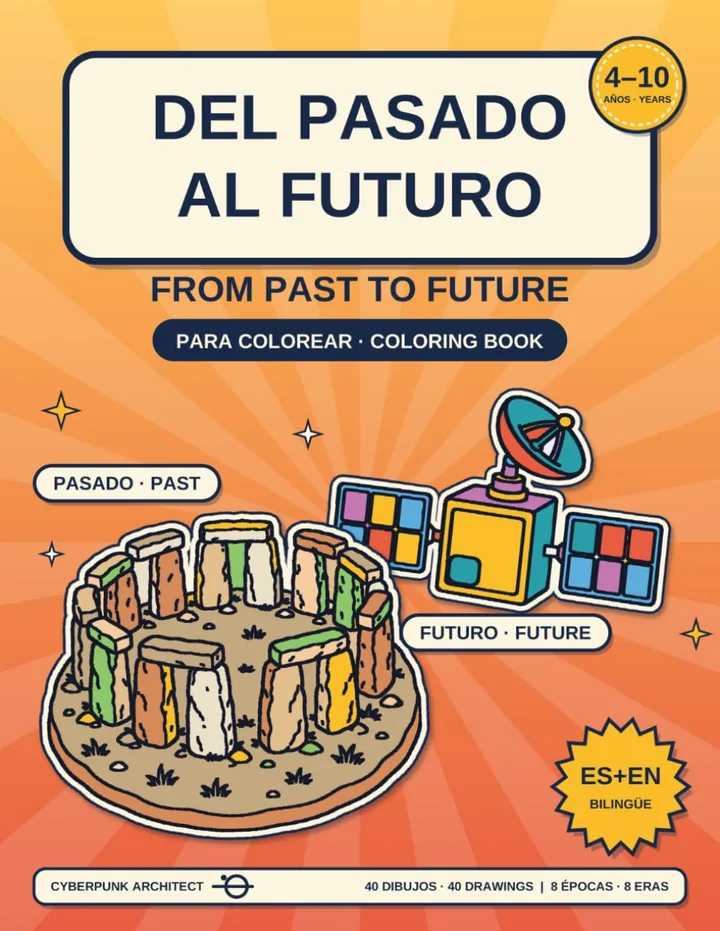 Cover of From Past to Future: Stonehenge and a modern satellite with an orange planet, inside a circular frame on an orange background.