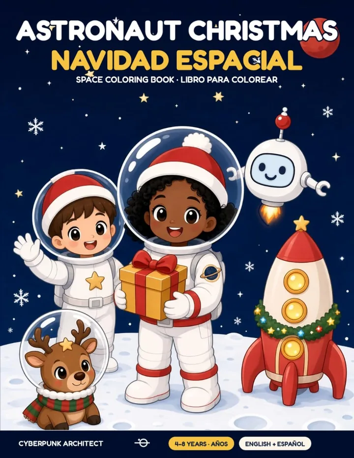 Cover of Astronaut Christmas: two children in white space suits with a red rocket, a robot and a reindeer in a space helmet.