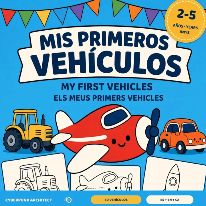 Cover of My First Vehicles: a smiling red airplane, a yellow tractor and an orange car under festive bunting on a light blue background.