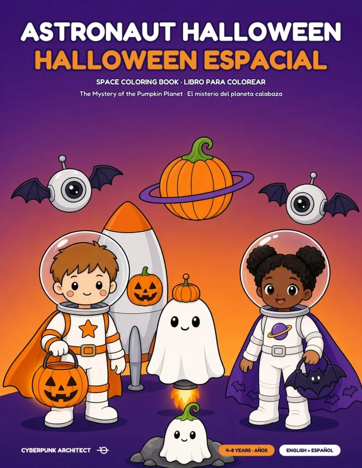 Cover of Astronaut Halloween: two children in space suits with a ghost, a robot and pumpkins on a purple background.
