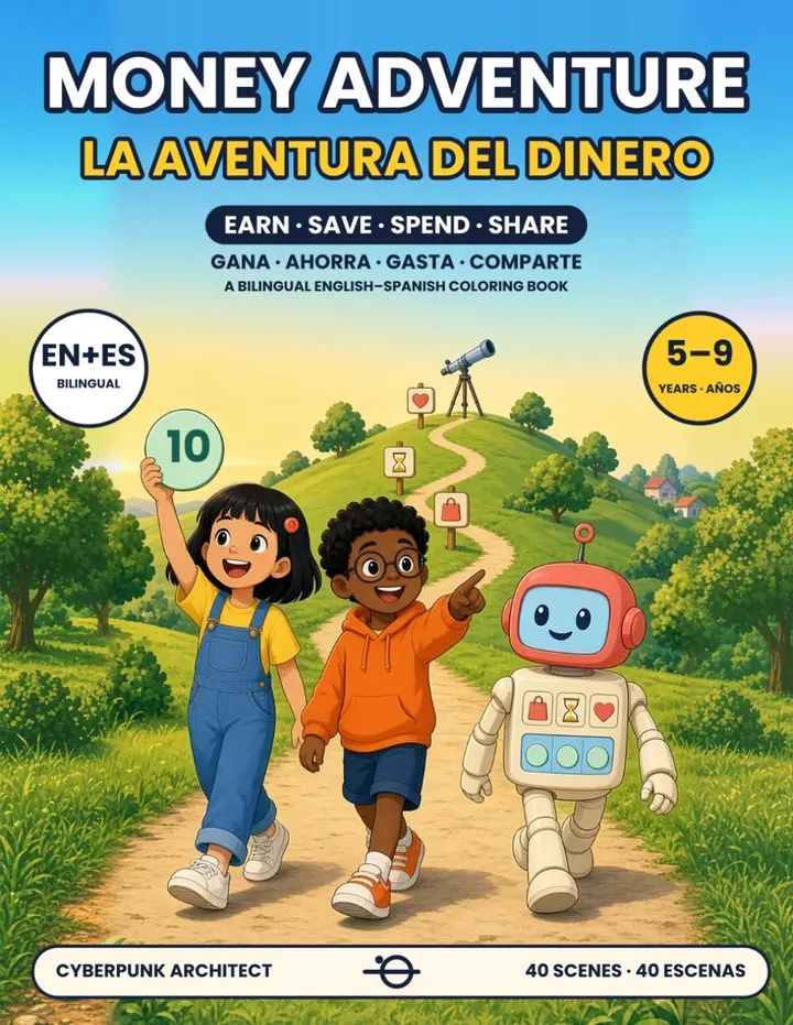Cover of Money Adventure: two children and a small robot walking through green hills under a bright blue sky.