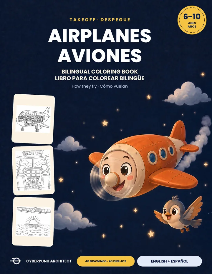 Cover of Airplanes: a large smiling orange airplane flying through a dark blue starry sky, followed by two small bird-like planes.
