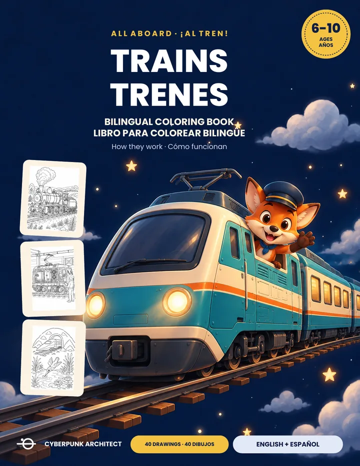 Cover of Trains: a smiling blue and white high-speed train with a small orange fox in a conductor’s hat at the window.