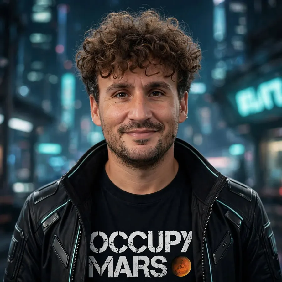 Portrait of Jaime Magalhães Júnior, smiling, in a black high-collared jacket with cyan piping over an Occupy Mars T-shirt, against a blurred night city.