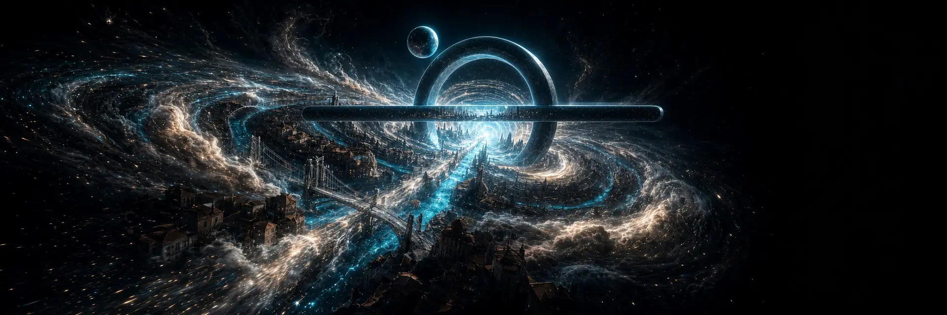 A city floating in a golden nebula, with an electric-blue river leading to a giant ring portal.